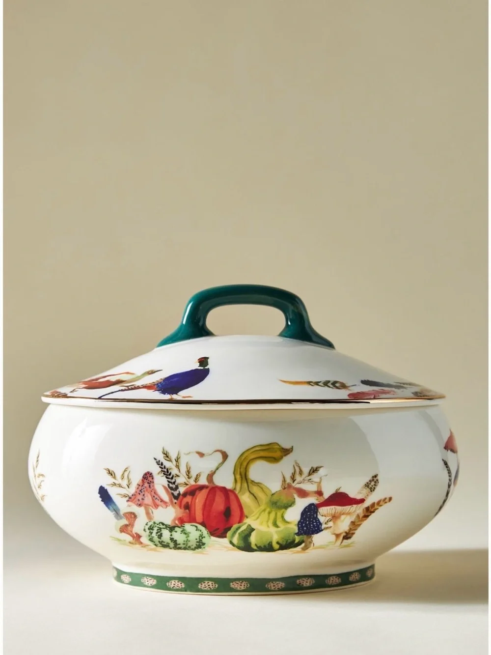 Anthropologie White Ceramic Lidded Serving Bowl with Multicolor Harvest Motif